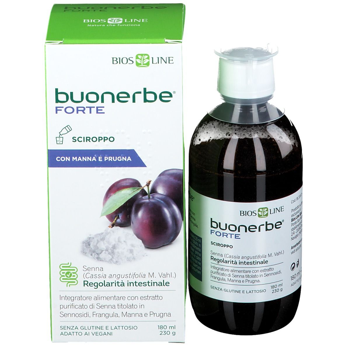 Flacone e confezione di Buonerbe Forte Sciroppo. Confezione verde e bianca, illustrazione di prugne. Bottiglia con liquido marrone.