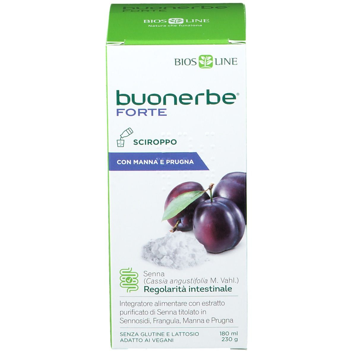 Confezione di Buonerbe Forte Sciroppo. Confezione verde e bianca, illustrazione di prugne. Testo e logo.
