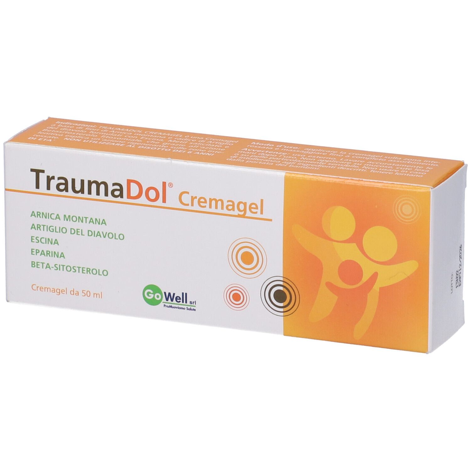 Confezione di Traumadol Cremagel. Design arancione e bianco con nome del prodotto e ingredienti. Logo 'Go Well'.