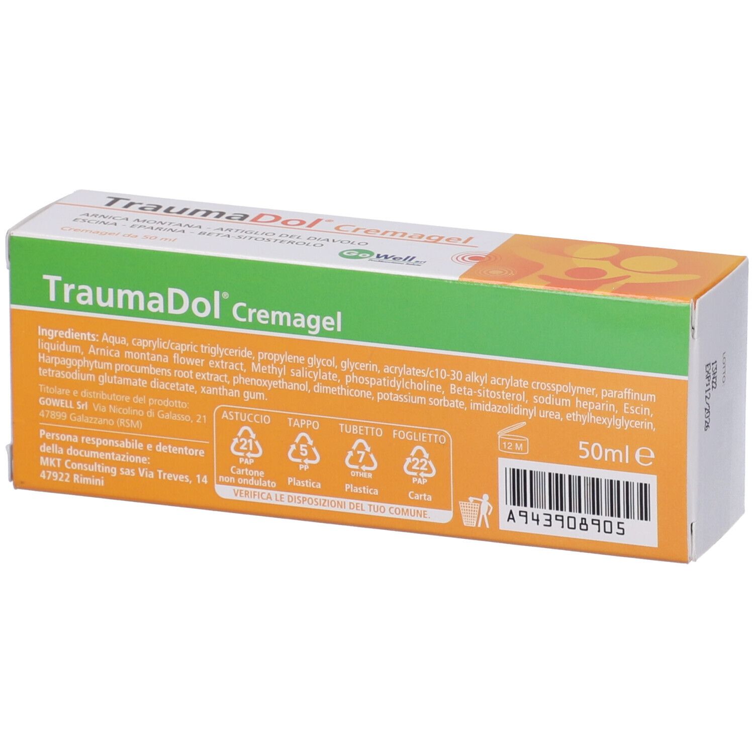Retro della confezione Traumadol Cremagel. Contiene ingredienti, informazioni del produttore e simboli di riciclaggio.