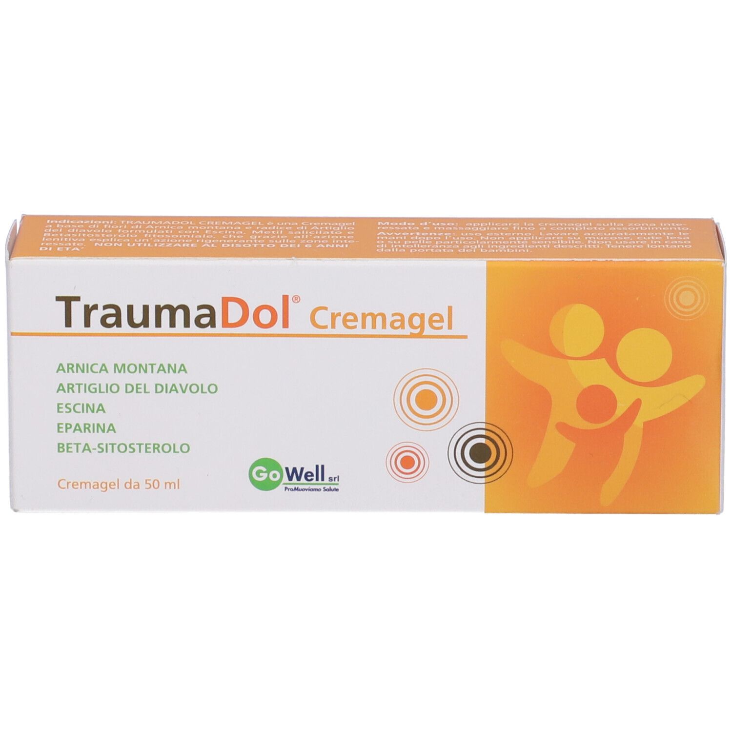 Confezione Traumadol Cremagel. Design arancione e bianco. Nome del prodotto e ingredienti ben visibili.