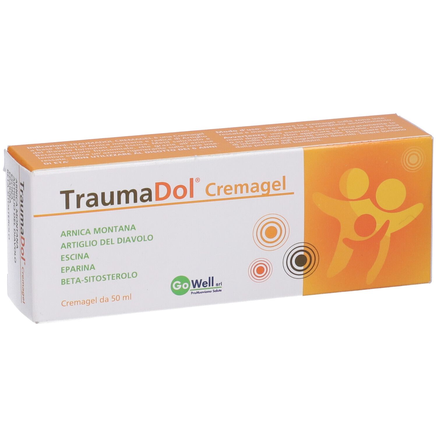 Confezione Traumadol Cremagel. Design arancione e bianco. Nome del prodotto e ingredienti visibili.