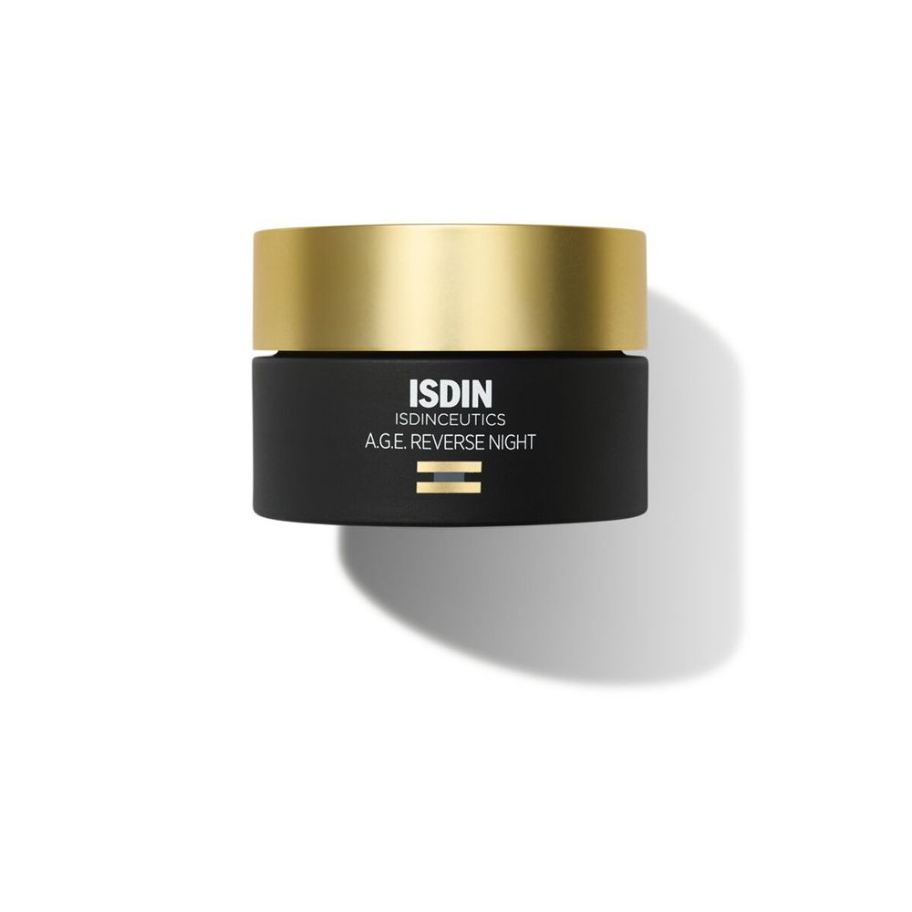 Vasetto nero con coperchio dorato. Scritta: ISDIN, ISDINCEUTICS, A.G.E. REVERSE NIGHT.