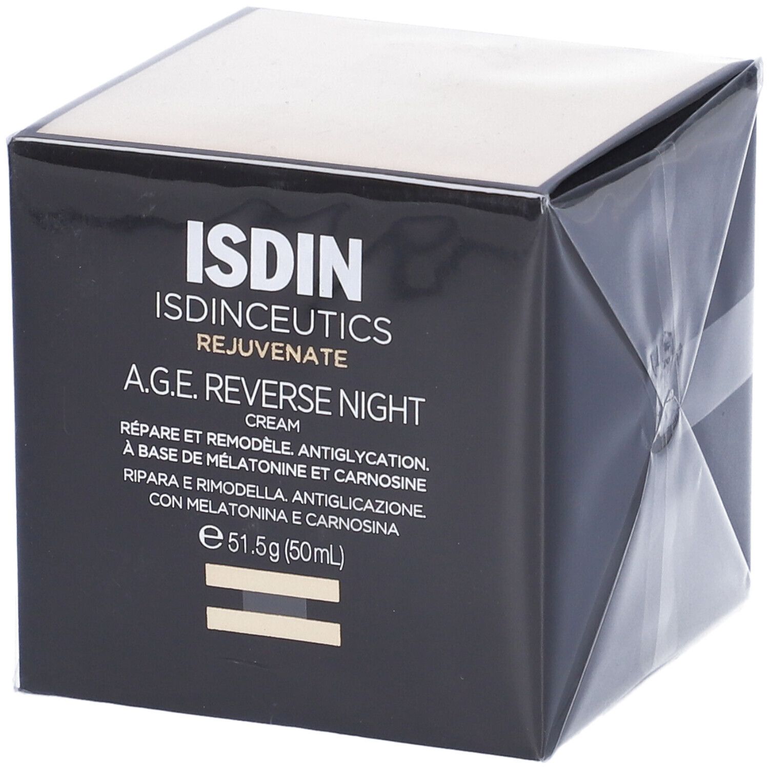 Confezione del prodotto. Scritta: ISDIN, ISDINCEUTICS, A.G.E. REVERSE NIGHT CREAM.