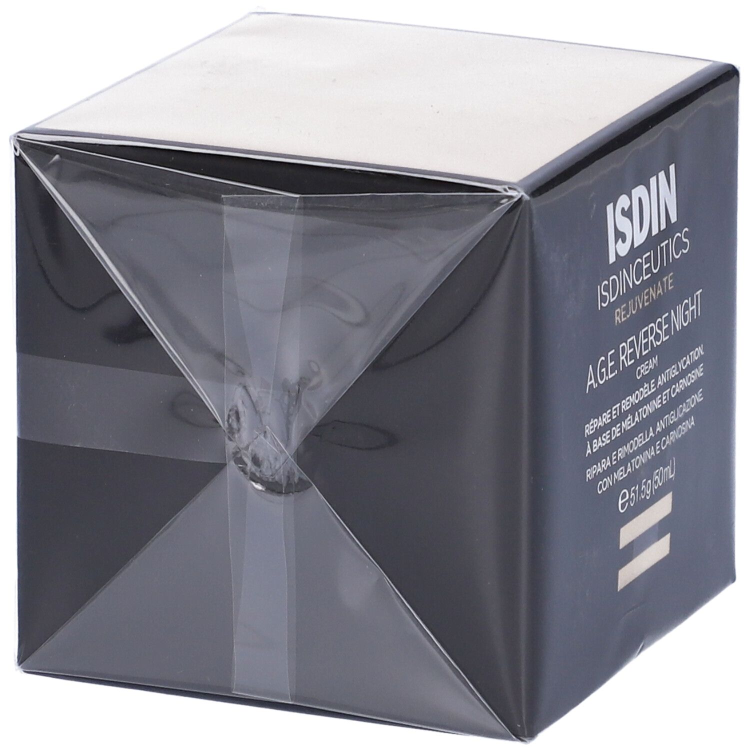 Confezione, pellicola trasparente. Scritta: ISDIN, ISDINCEUTICS, A.G.E. REVERSE NIGHT CREAM.