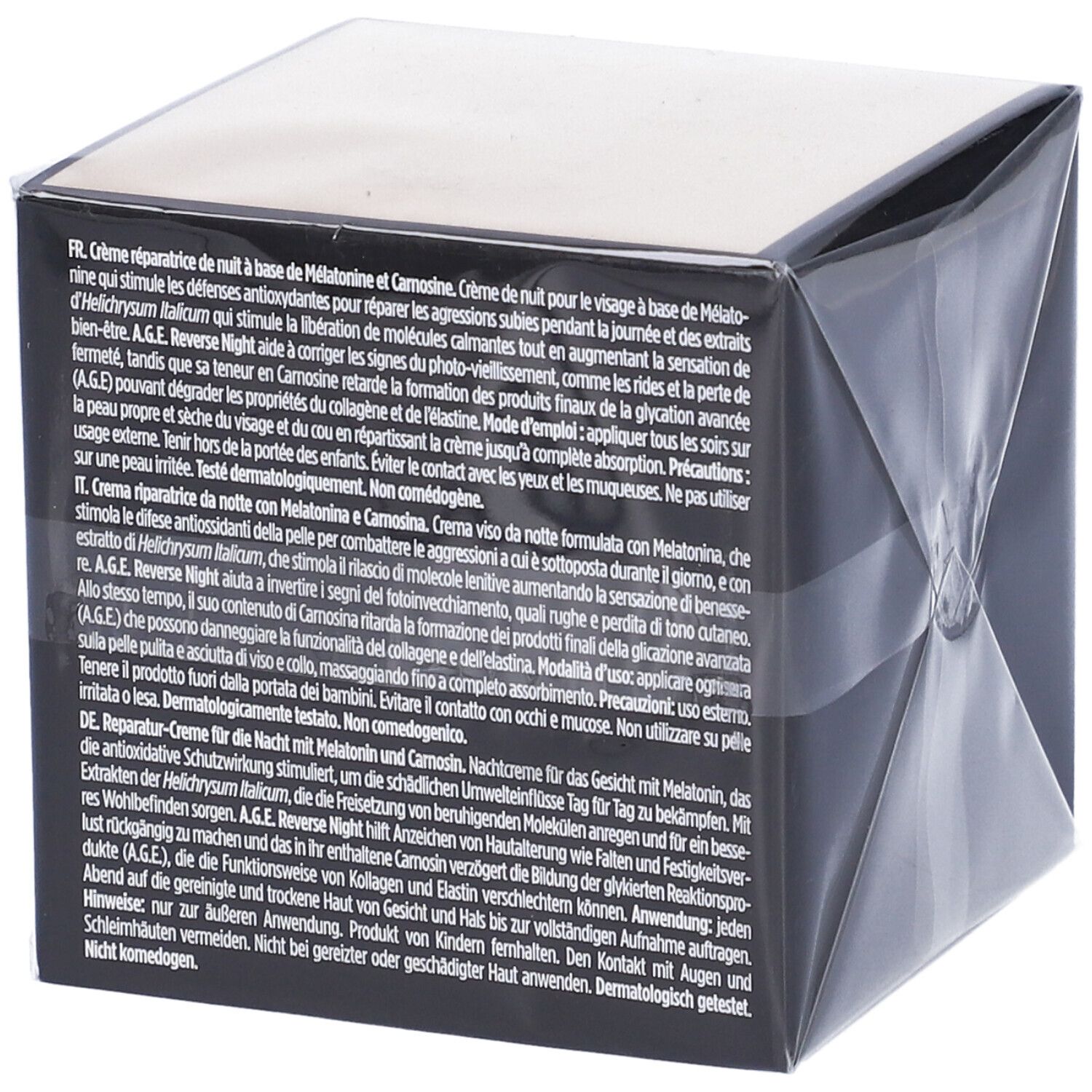 Confezione, testo multilingue. Scritta: ISDIN, ISDINCEUTICS, A.G.E. REVERSE NIGHT CREAM.