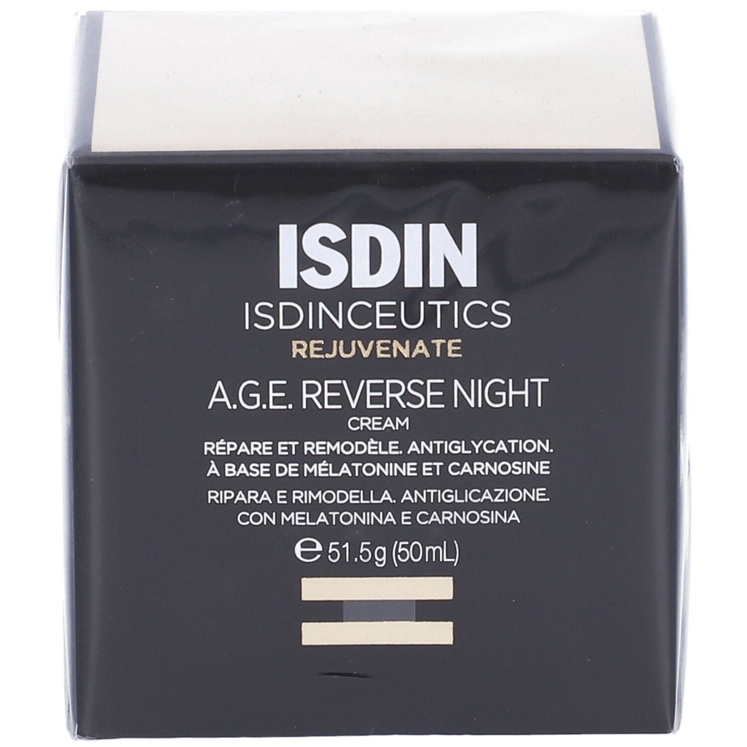 Confezione, in diagonale. Scritta: ISDIN, ISDINCEUTICS, A.G.E. REVERSE NIGHT CREAM.