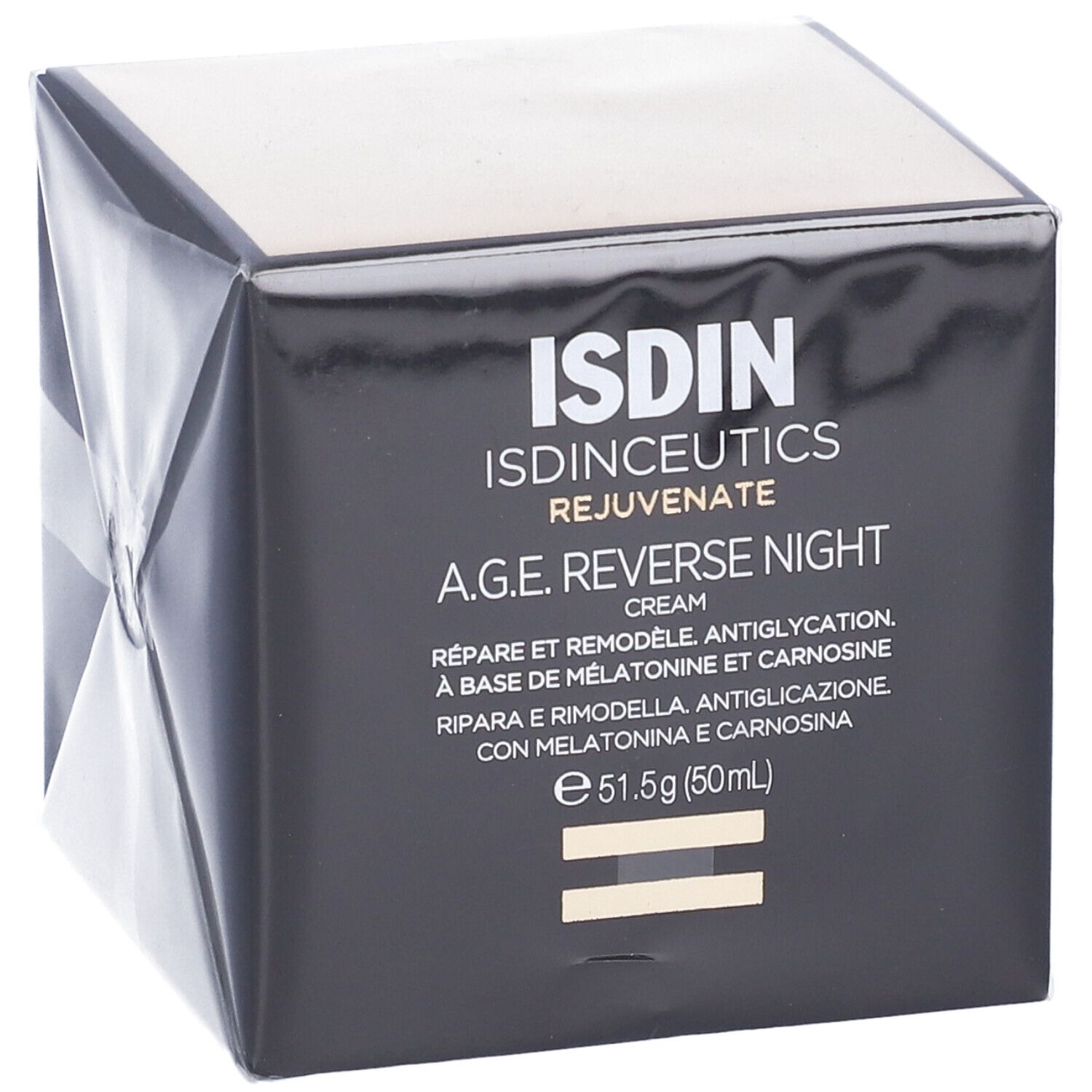 Confezione, in diagonale. Scritta: ISDIN, ISDINCEUTICS, A.G.E. REVERSE NIGHT CREAM.
