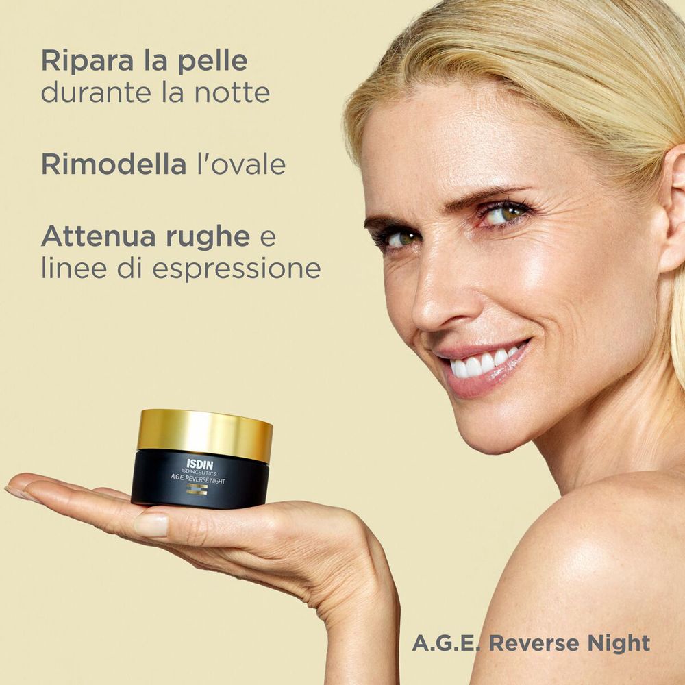 Donna tiene vasetto. Testo: Ripara la pelle, rimodella l'ovale, attenua rughe.