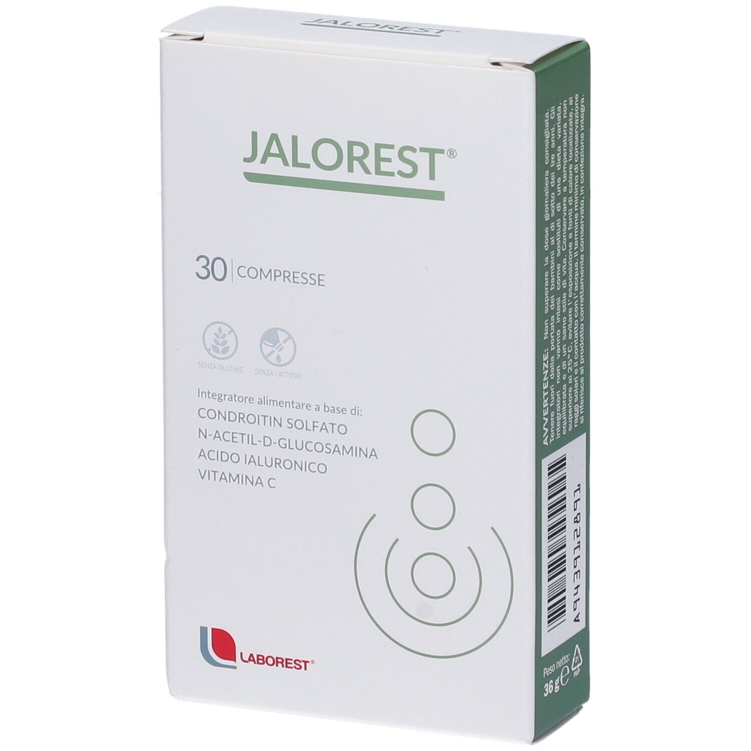 Scatola "JALOREST" con 30 compresse. Contiene condroitin solfato, N-acetil-D-glucosamina, acido ialuronico, vitamina C.
