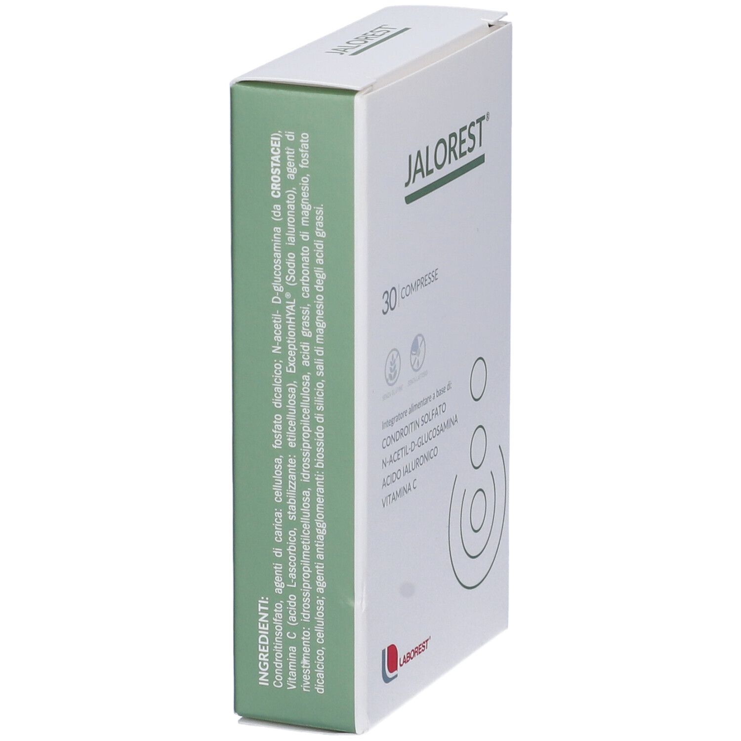Vista laterale della scatola "JALOREST". Contiene ingredienti come condroitin solfato, N-acetil-D-glucosamina, acido ialuronico, vitamina C.
