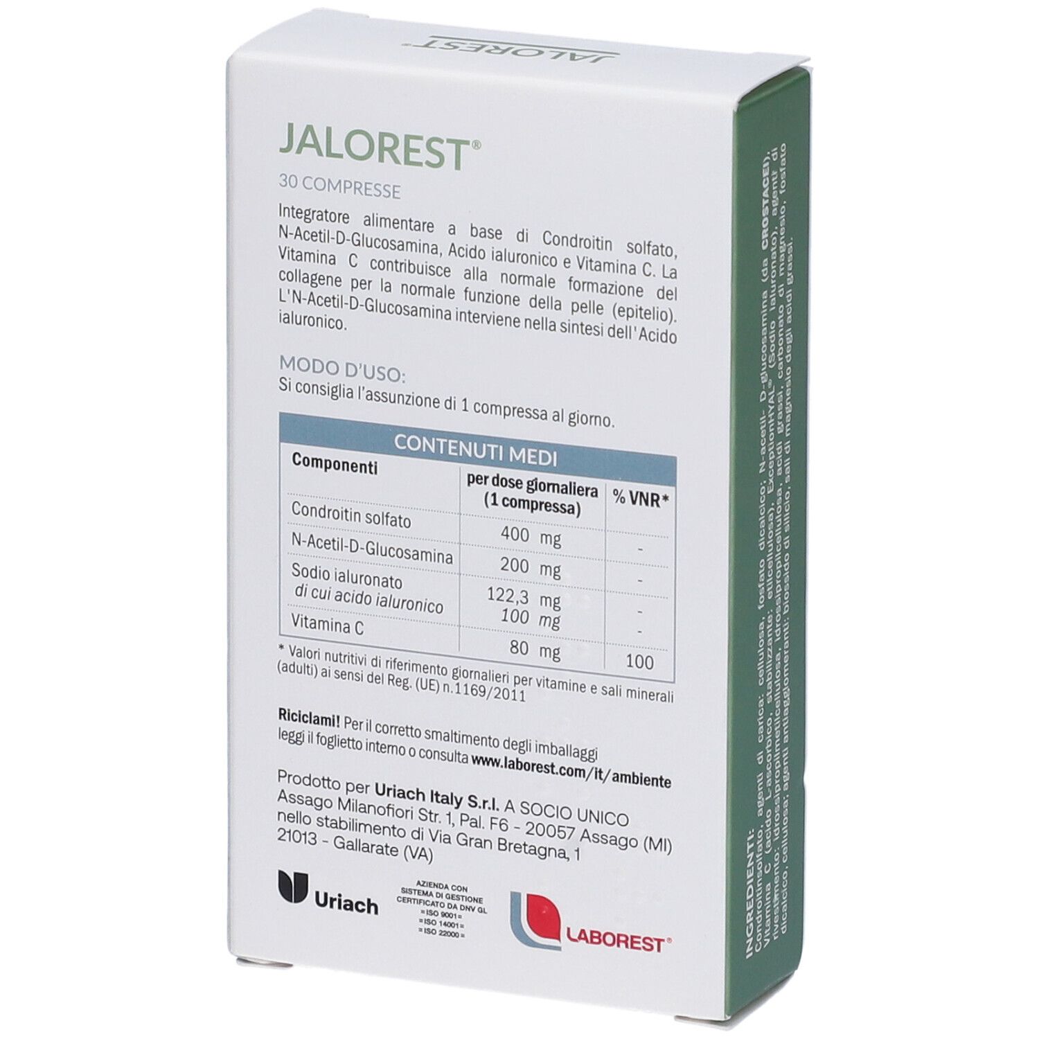 Retro della scatola "JALOREST". Contiene informazioni su ingredienti, dosaggio e produttore.