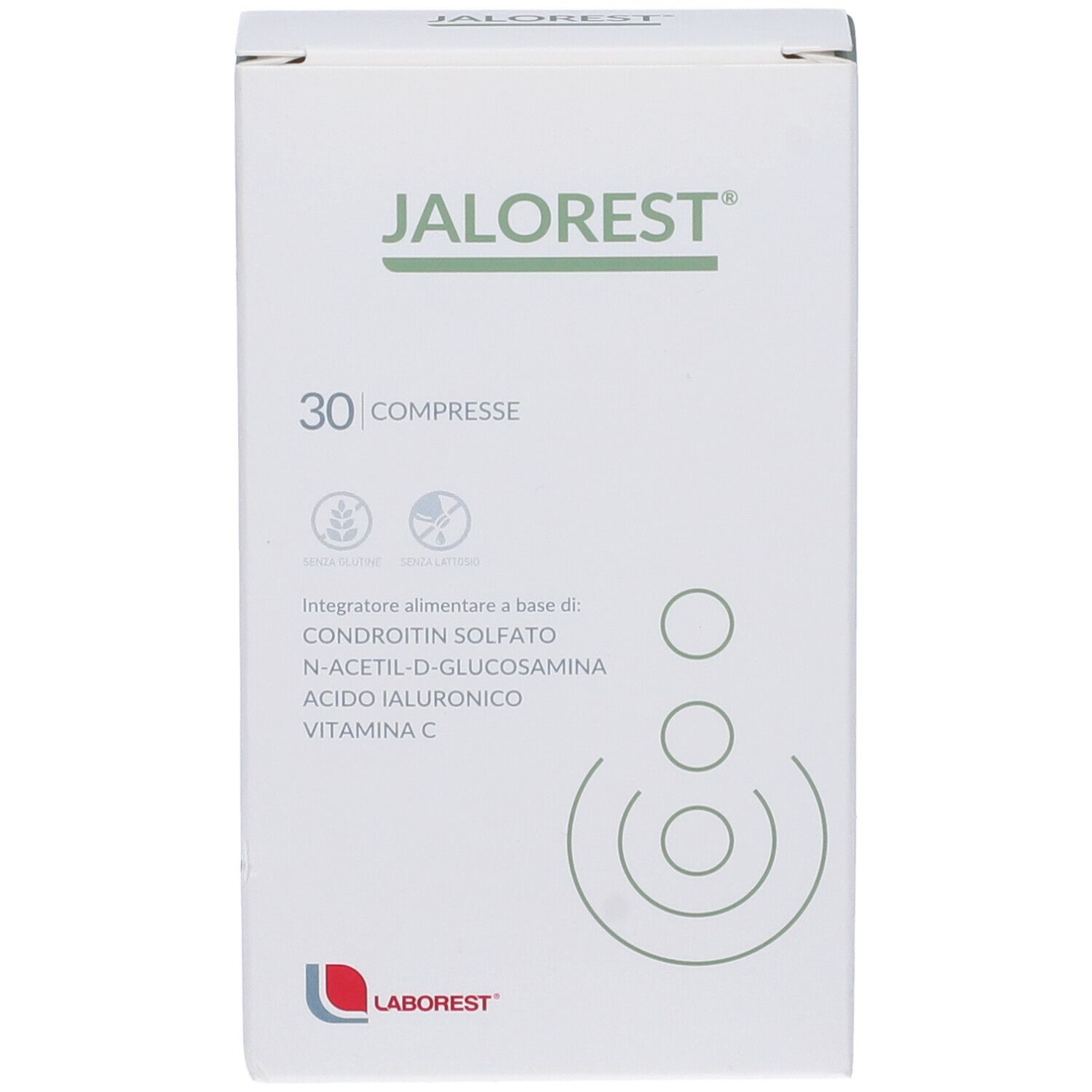 Vista frontale della scatola "JALOREST". 30 compresse. Contiene condroitin solfato, N-acetil-D-glucosamina, acido ialuronico, vitamina C.