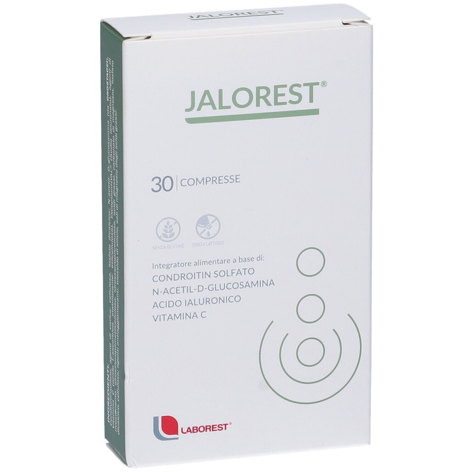 Vista frontale della scatola "JALOREST". 30 compresse. Contiene condroitin solfato, N-acetil-D-glucosamina, acido ialuronico, vitamina C.