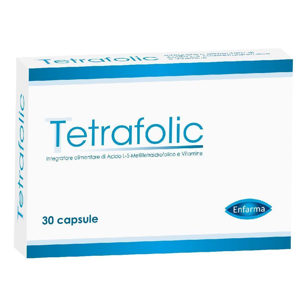 Scatola "Tetrafolic", 30 capsule. Marchio Enfarma. Design bianco e blu.