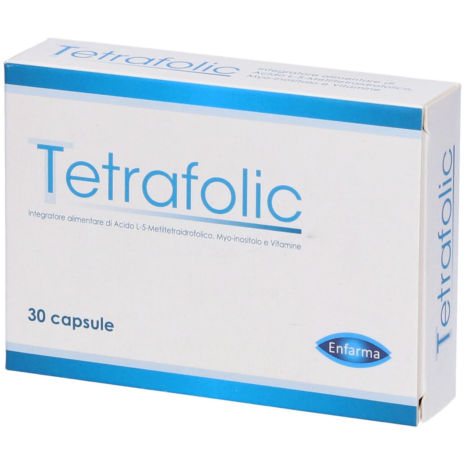 Scatola "Tetrafolic", 30 capsule. Marchio Enfarma. Design bianco e blu. Vista prospettica.