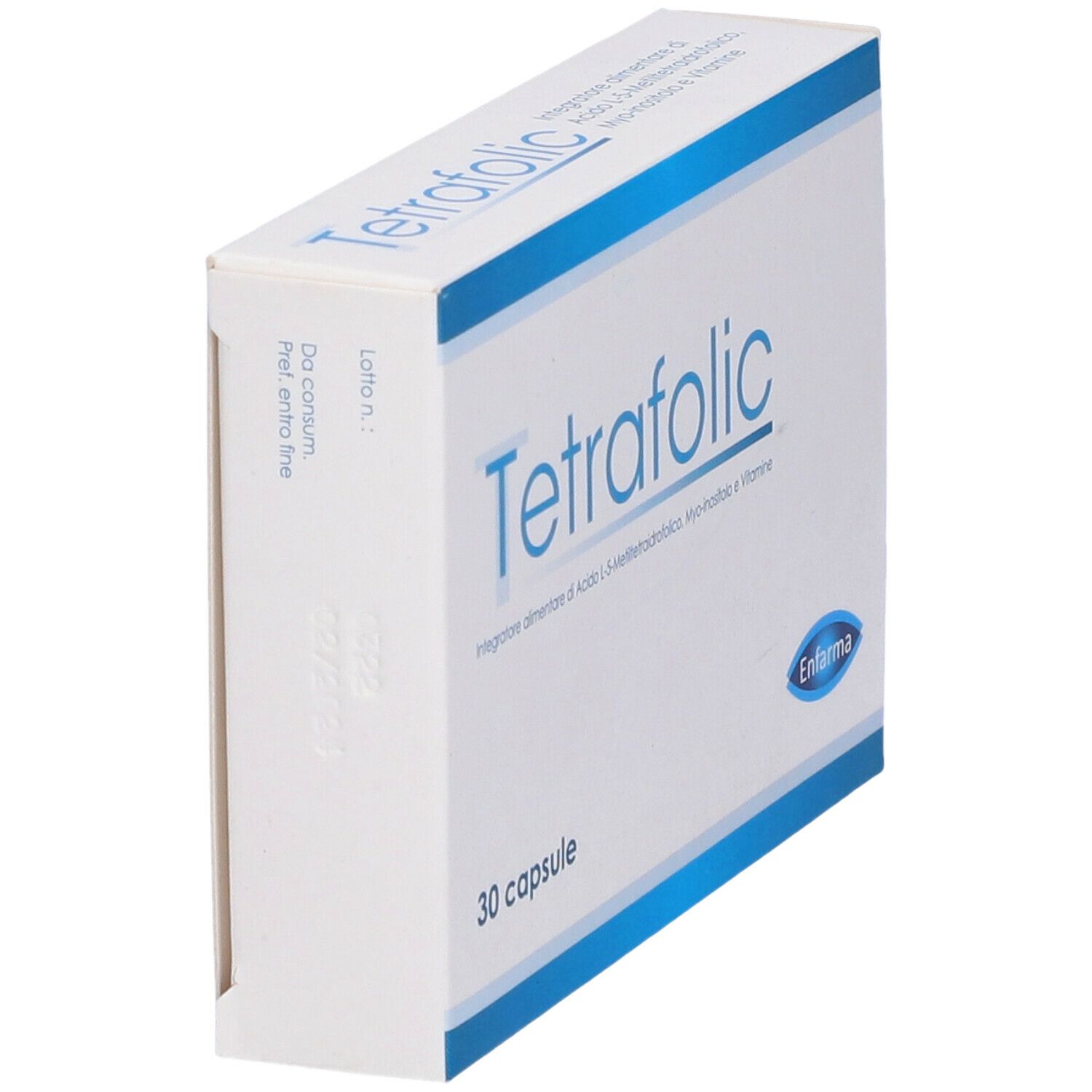Scatola "Tetrafolic", 30 capsule. Marchio Enfarma. Design bianco e blu. Vista prospettica.