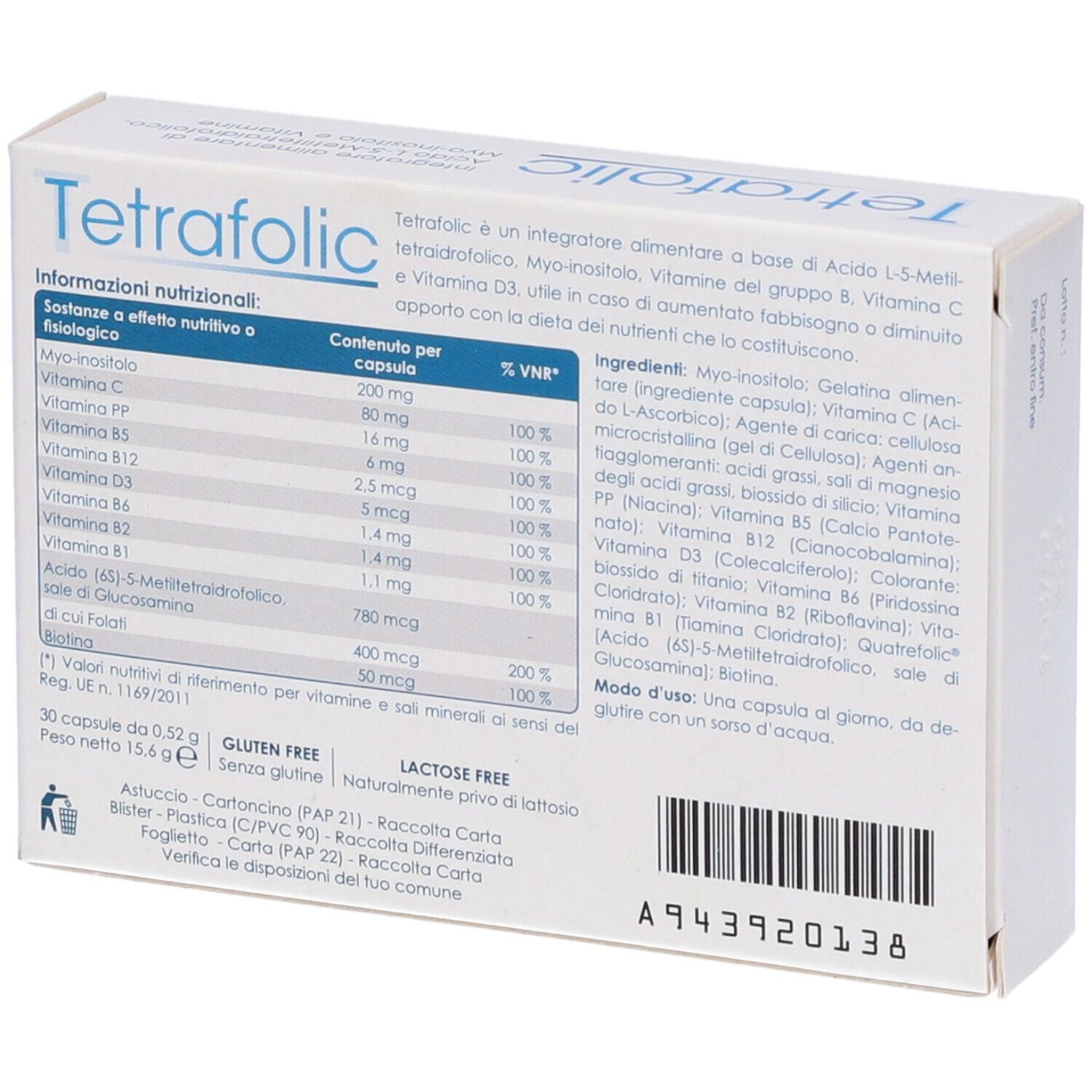 Retro della scatola "Tetrafolic". Contiene informazioni nutrizionali, ingredienti e istruzioni per l'uso.