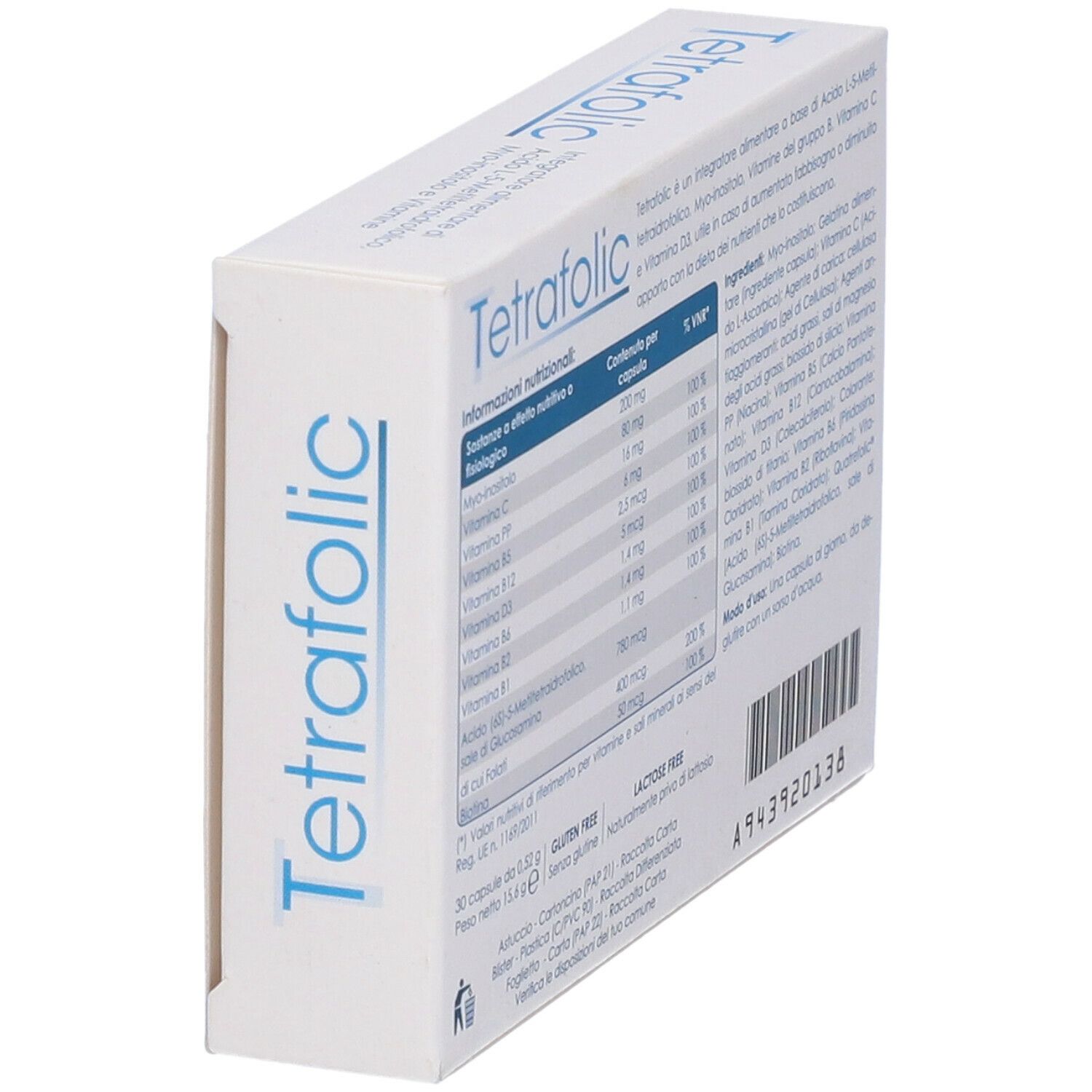Vista prospettica della scatola "Tetrafolic". Retro con informazioni nutrizionali e ingredienti.