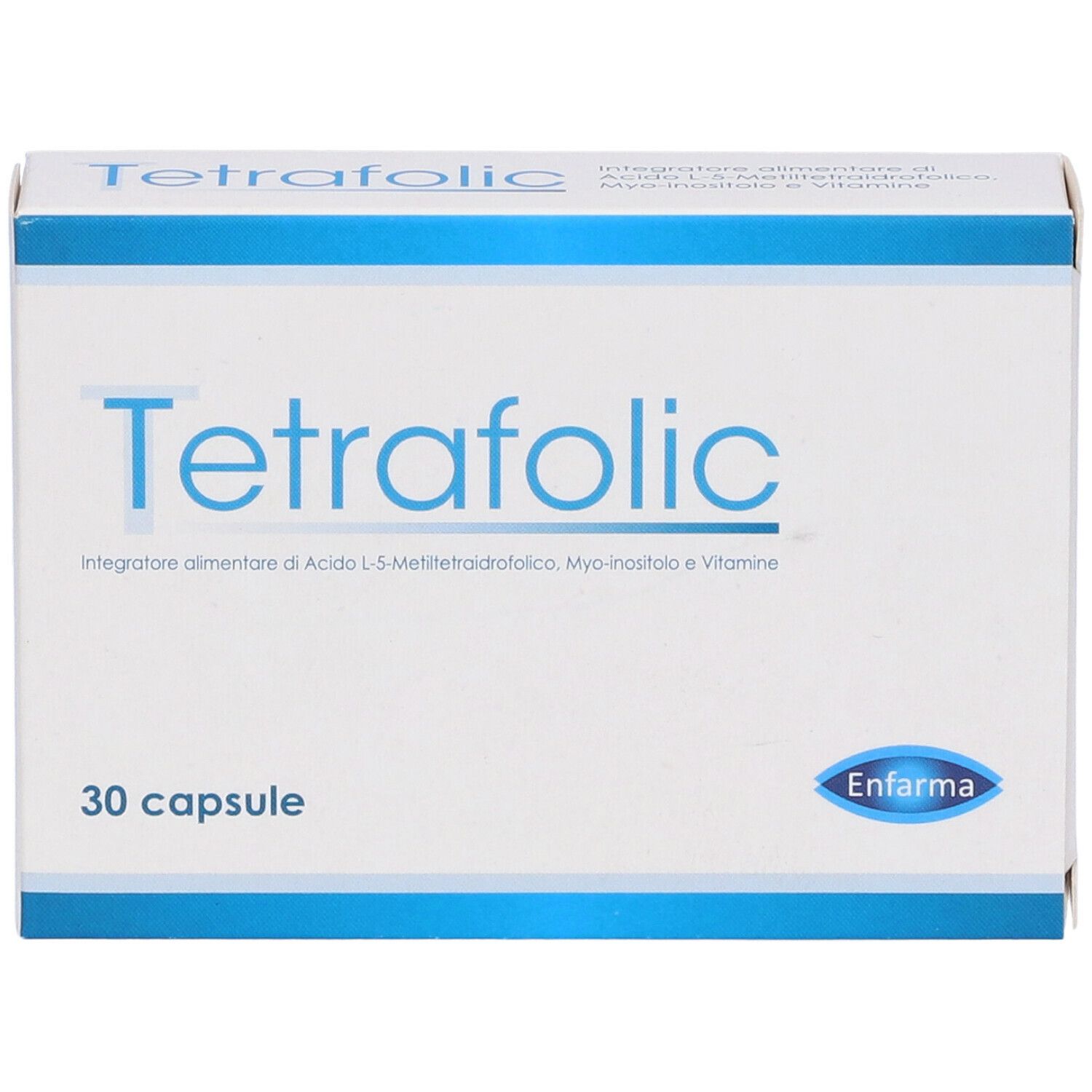 Scatola "Tetrafolic", 30 capsule. Marchio Enfarma. Design bianco e blu.