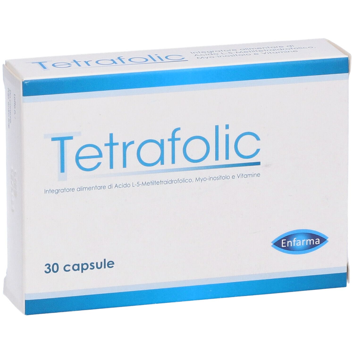 Scatola "Tetrafolic", 30 capsule. Marchio Enfarma. Design bianco e blu.