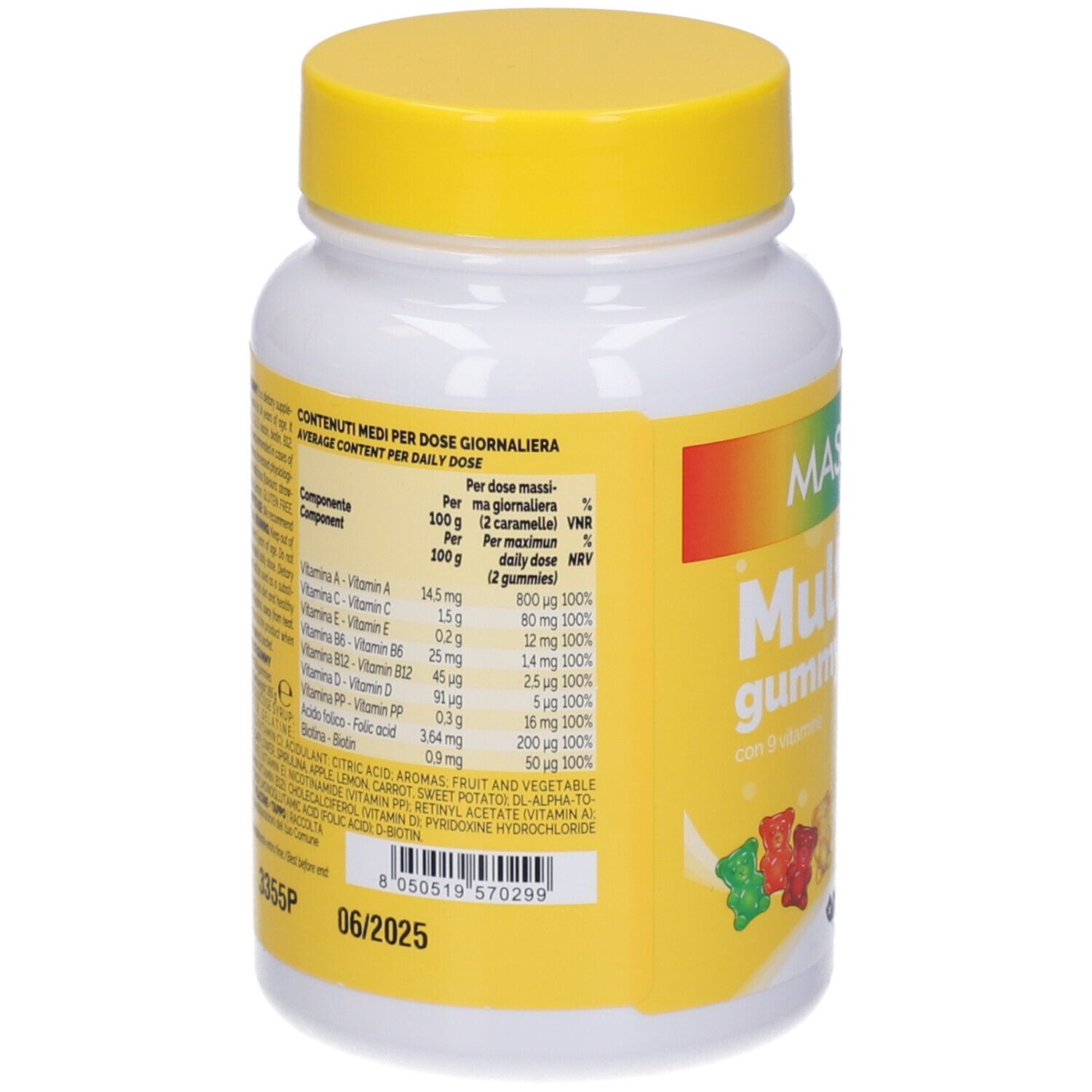 Retro del flacone bianco con tappo giallo. Contiene informazioni sugli ingredienti e i valori nutrizionali.