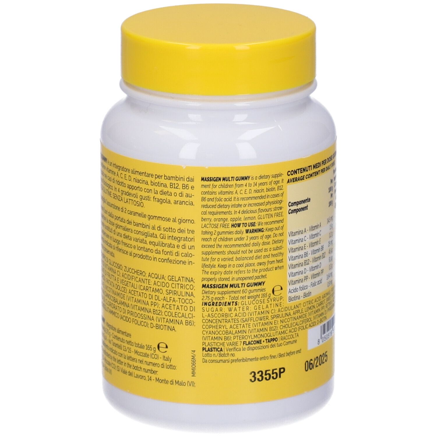 Retro del flacone bianco con tappo giallo. Informazioni testuali su ingredienti e utilizzo.