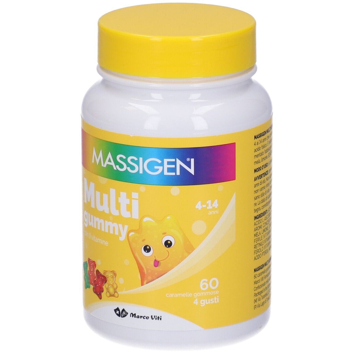 Flacone bianco con tappo giallo. Etichetta con MASSIGEN, Multi gummy e illustrazioni di orsetti gommosi.