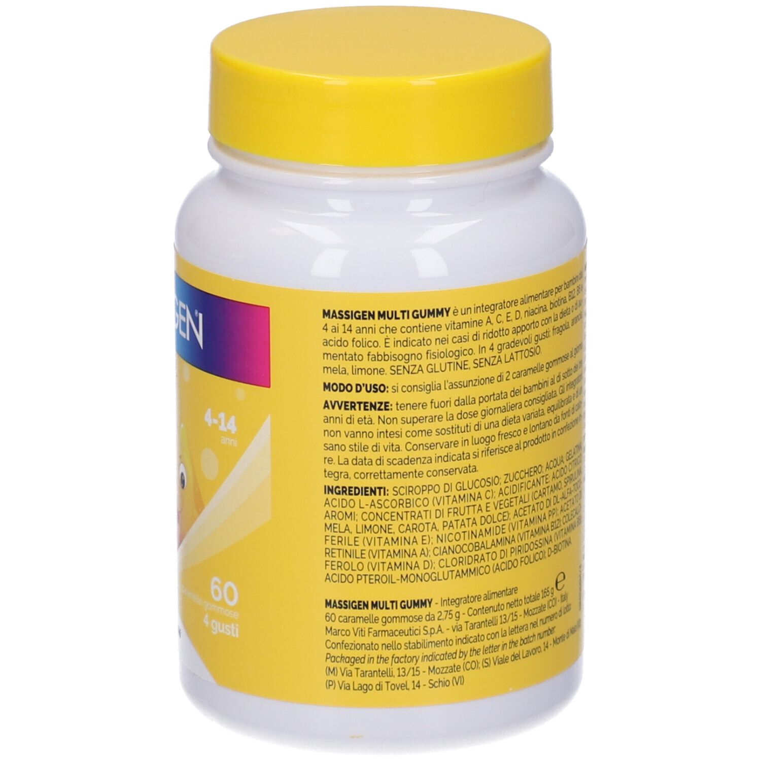 Retro del flacone bianco con tappo giallo. Informazioni testuali su ingredienti e utilizzo.