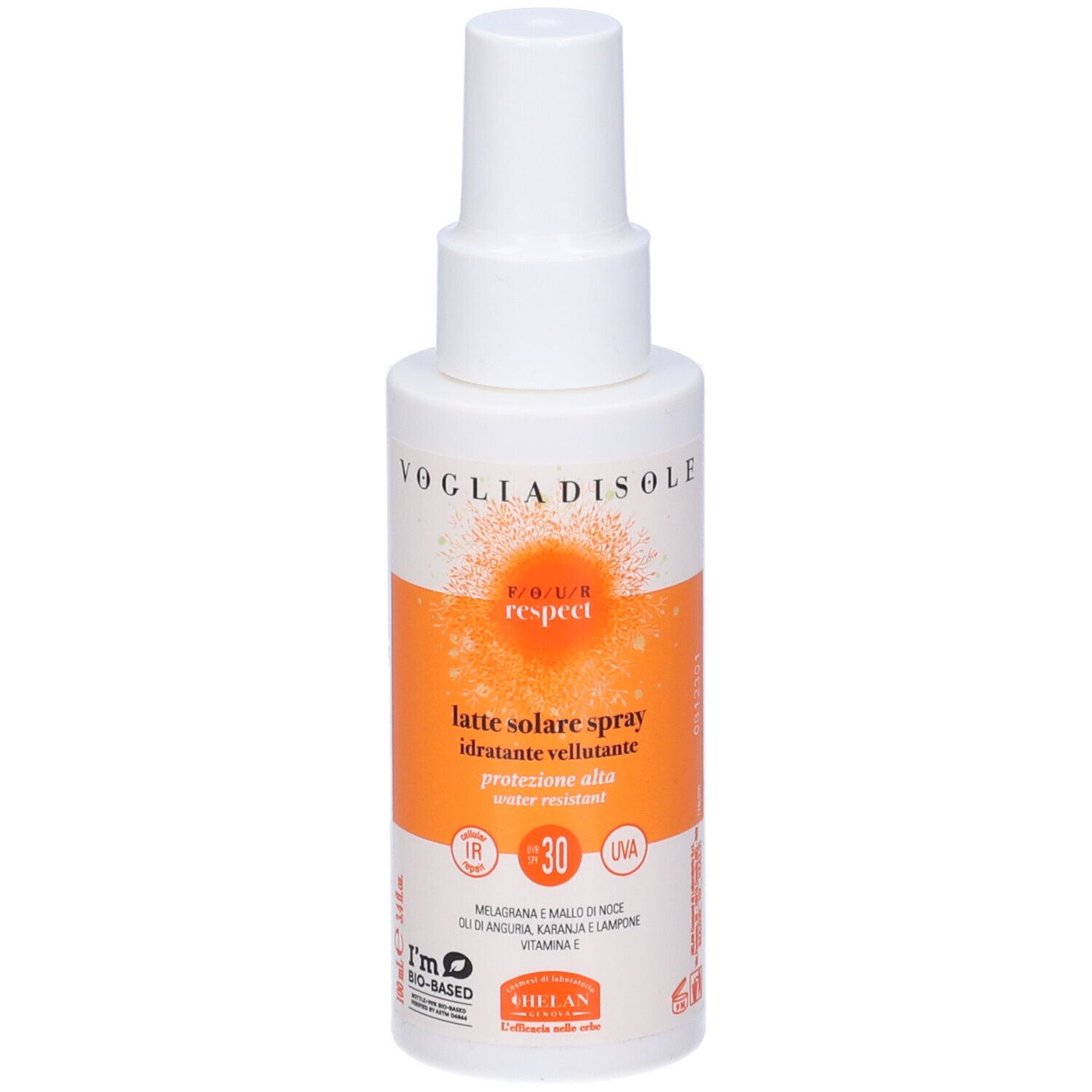 Flacone spray bianco con etichetta arancione. Testo: Vogliadisole, Four Respect, Latte Solare Spray, SPF30. Resistente all'acqua.