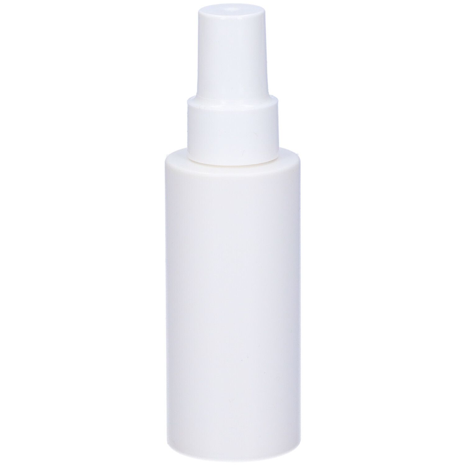 Flacone spray bianco con erogatore bianco. Design semplice. Nessuna etichetta visibile.