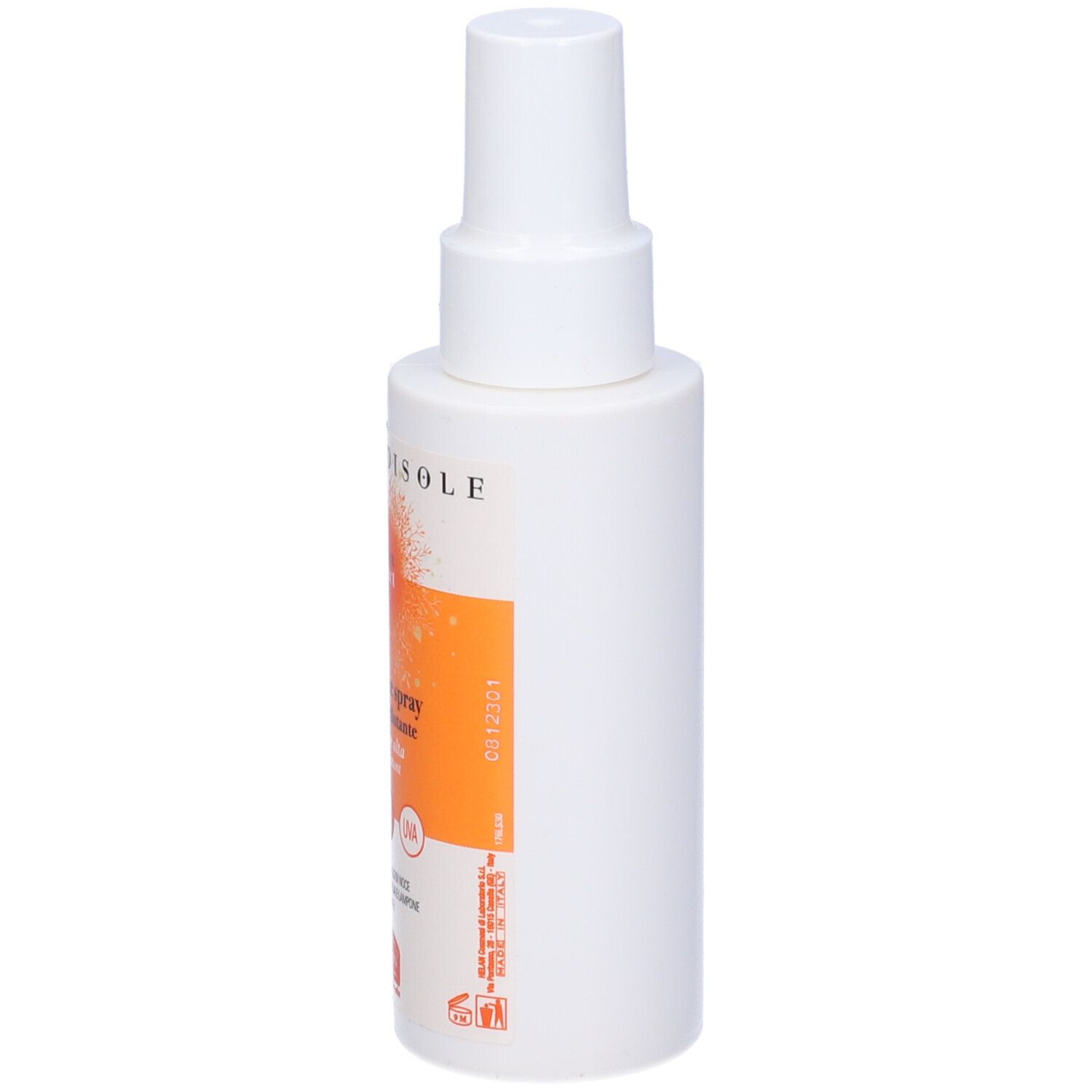 Flacone spray bianco con etichetta arancione. Testo: Vogliadisole, Latte Solare Spray, SPF30. Stampa: i'm bio-based.