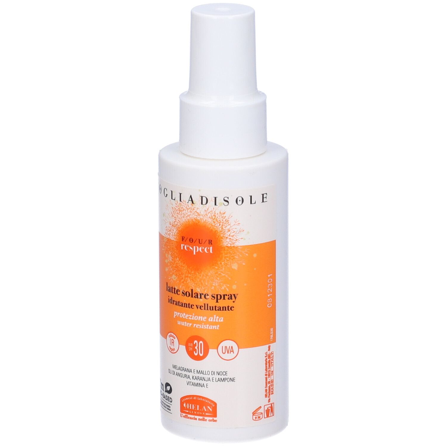 Flacone spray bianco con etichetta arancione. Testo: Vogliadisole, Four Respect, Latte Solare Spray, SPF30. Resistente all'acqua.