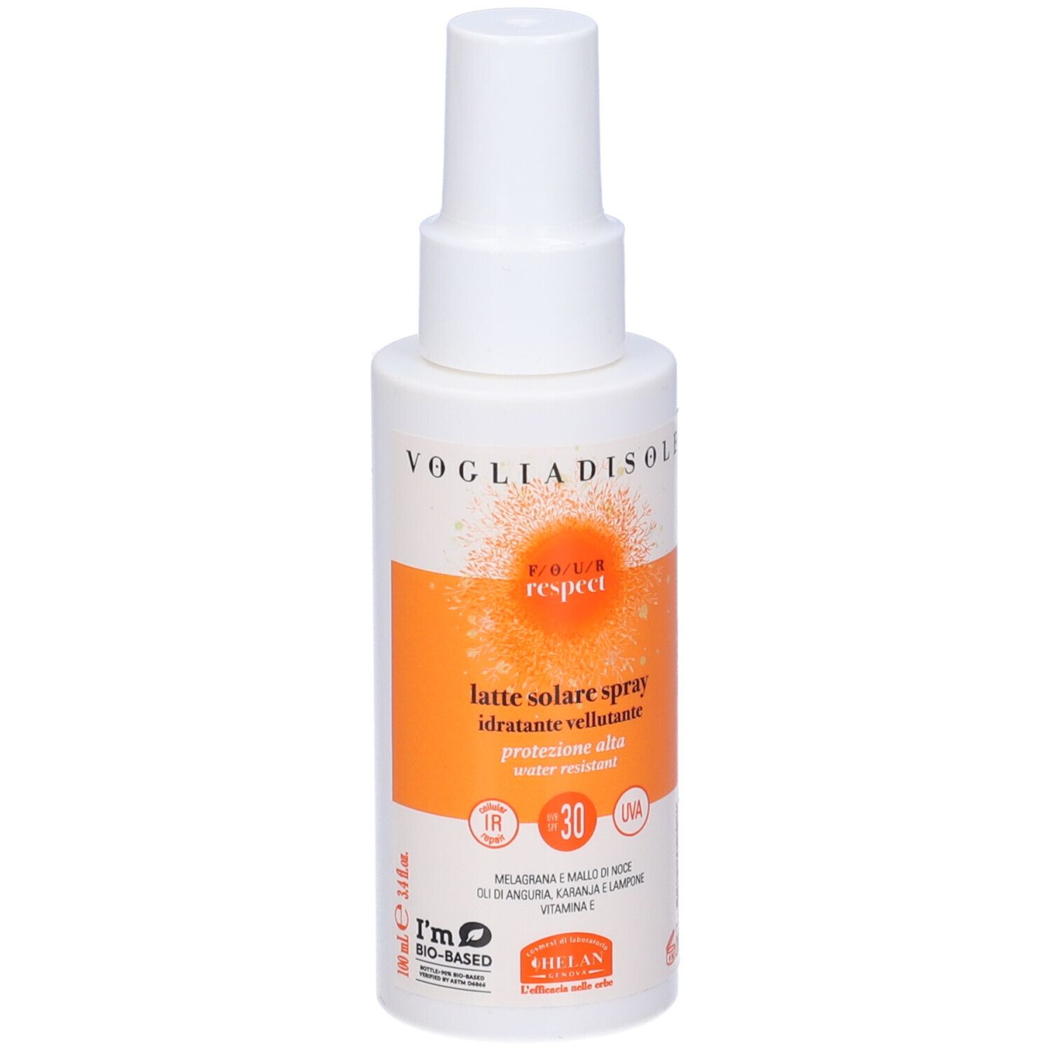Flacone spray bianco con etichetta arancione. Testo: Vogliadisole, Four Respect, Latte Solare Spray, SPF30. Stampa: i'm bio-based.