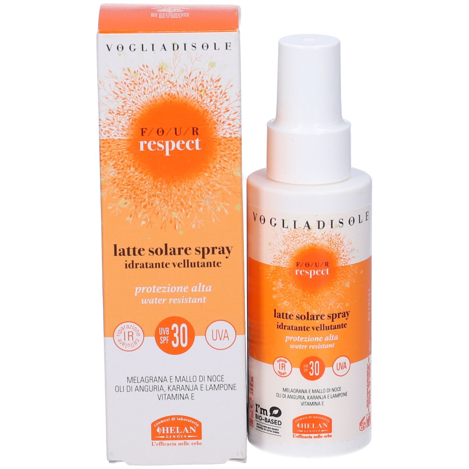 Flacone spray bianco e scatola. Testo: Vogliadisole, Four Respect, Latte Solare Spray, SPF30. Stampa: i'm bio-based.