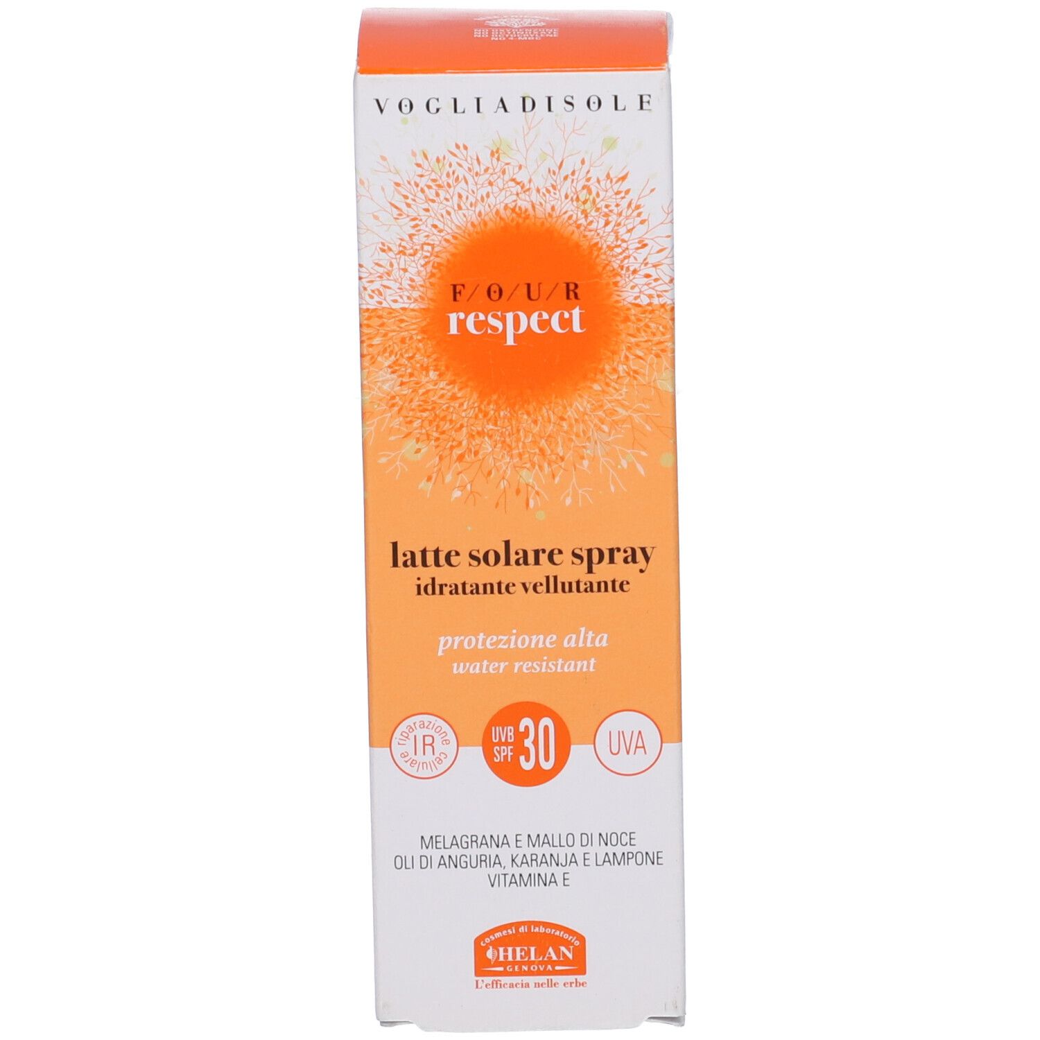 Scatola con testo: Vogliadisole, Four Respect, Latte Solare Spray, SPF30. Stampa: i'm bio-based.