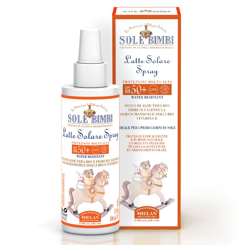 Sonnenspray und Verpackung. Weiße Flasche mit orangefarbenem Karton. Aufdruck: Sole Bimbi, SPF 50+, Illustration.