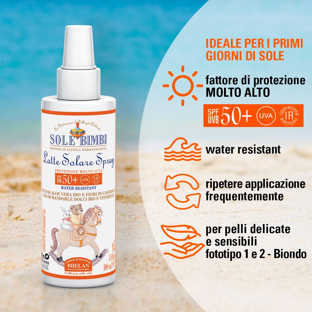 Sonnenspray für Kinder. Weiße Flasche mit orangefarbenem Etikett. Aufdruck: Sole Bimbi, SPF 50+, Illustration.