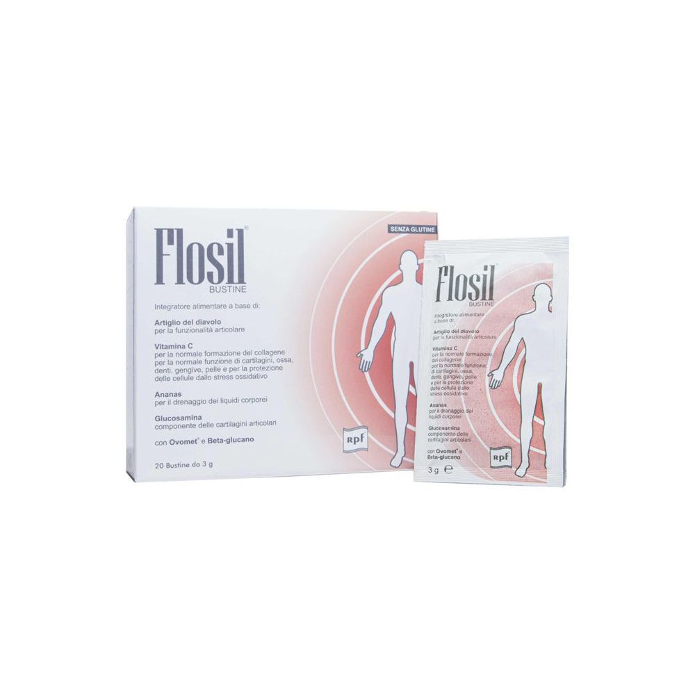 Scatola e bustina Flosil Bustine. Contiene 20 bustine. Scritto: Senza glutine.