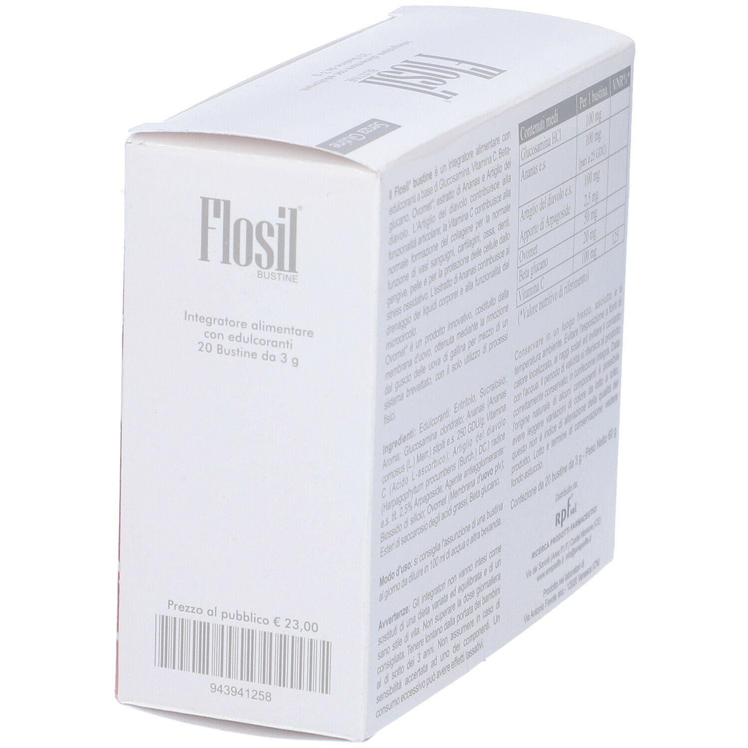 Lato della scatola Flosil Bustine. Contiene prezzo e codice a barre. Testo in italiano.