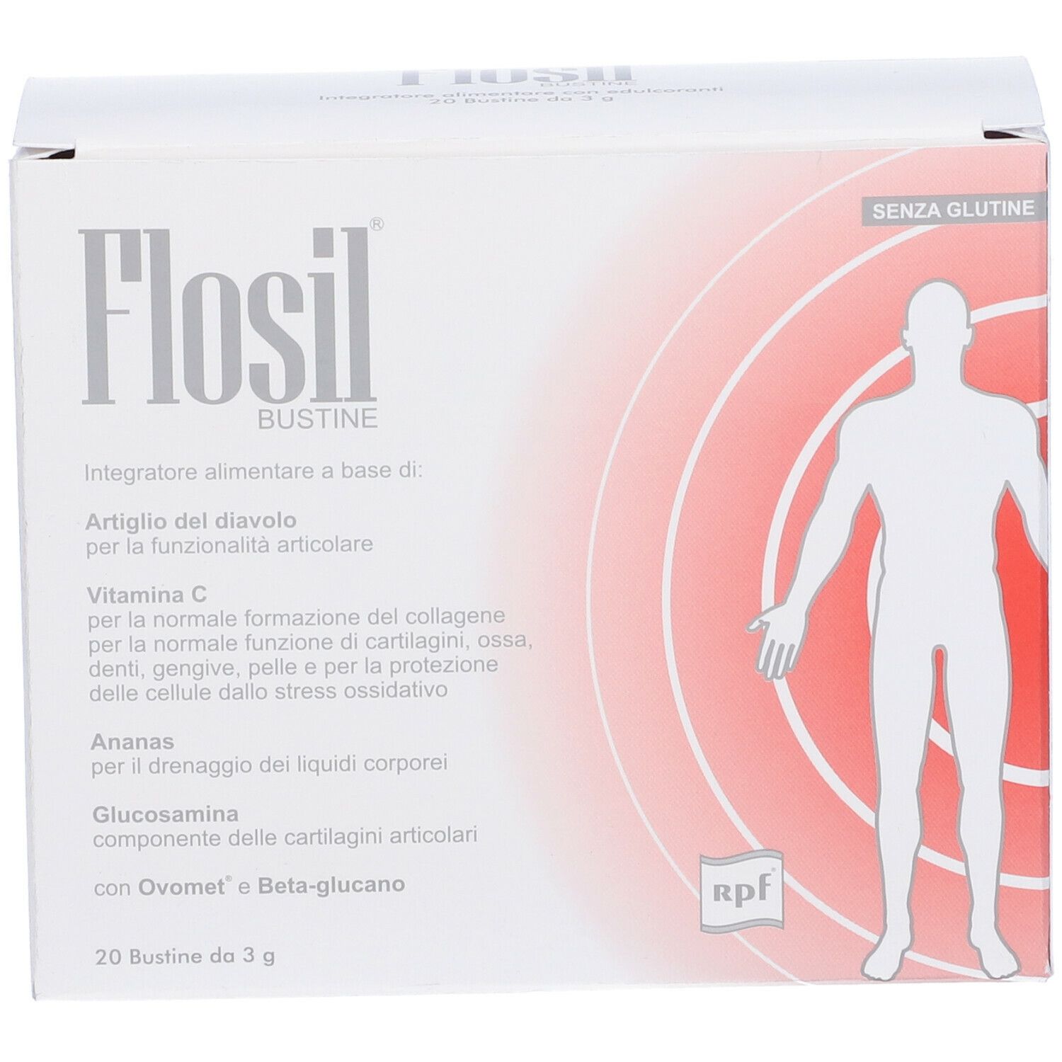 Scatola bianca Flosil Bustine. Scritto: Senza glutine. Contiene 20 bustine. Silhouette umana.
