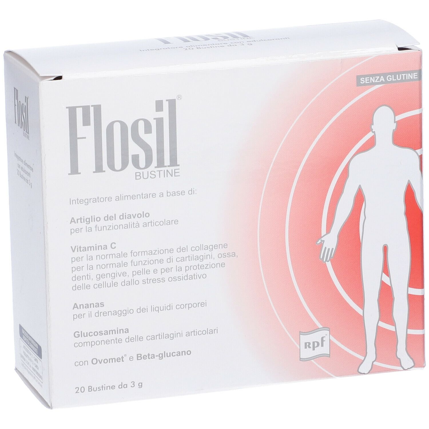 Scatola bianca Flosil Bustine. Scritto: Senza glutine. Contiene 20 bustine. Silhouette umana.