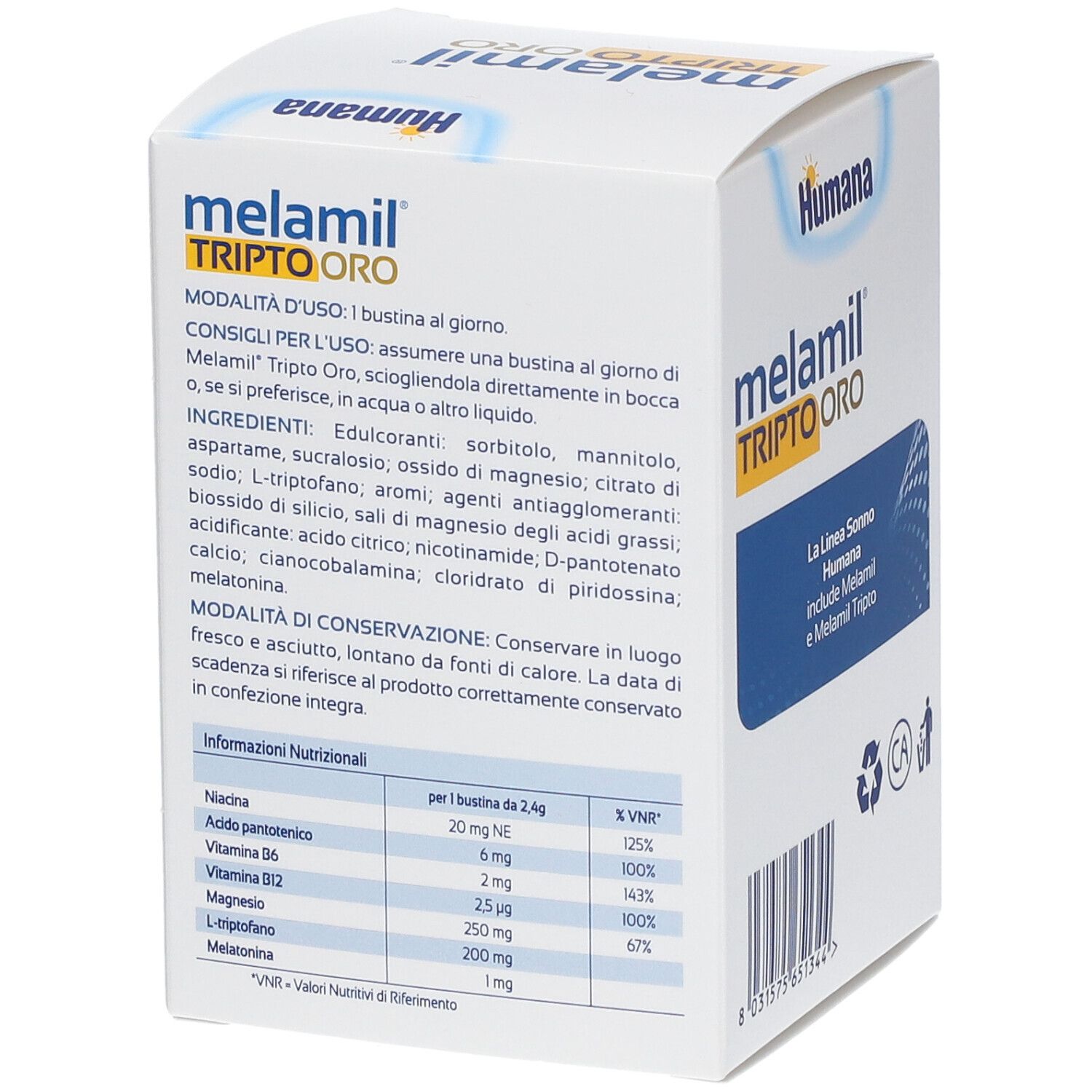 Humana Melamil Tripto Oro Packung, Rückseite. Inhaltsstoffe, Nährwertangaben und Gebrauchsanweisung. Orosoluble.