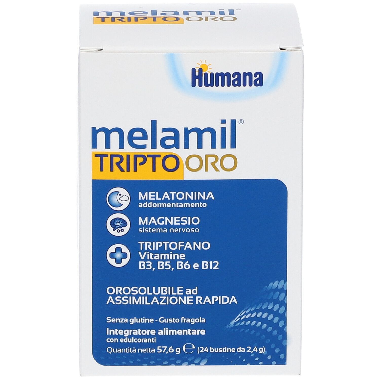 Humana Melamil Tripto Oro Packung. Enthält Melatonin, Magnesium, Tryptophan und Vitamine. Orosoluble, schnelle Aufnahme.