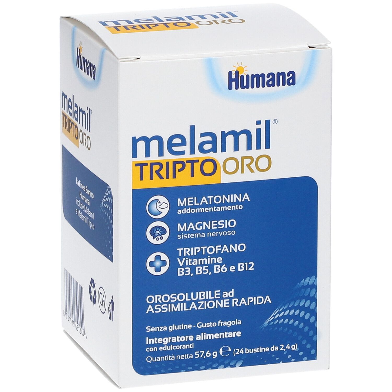 Humana Melamil Tripto Oro Packung, leicht schräg. Enthält Melatonin, Magnesium, Tryptophan und Vitamine. Orosoluble.