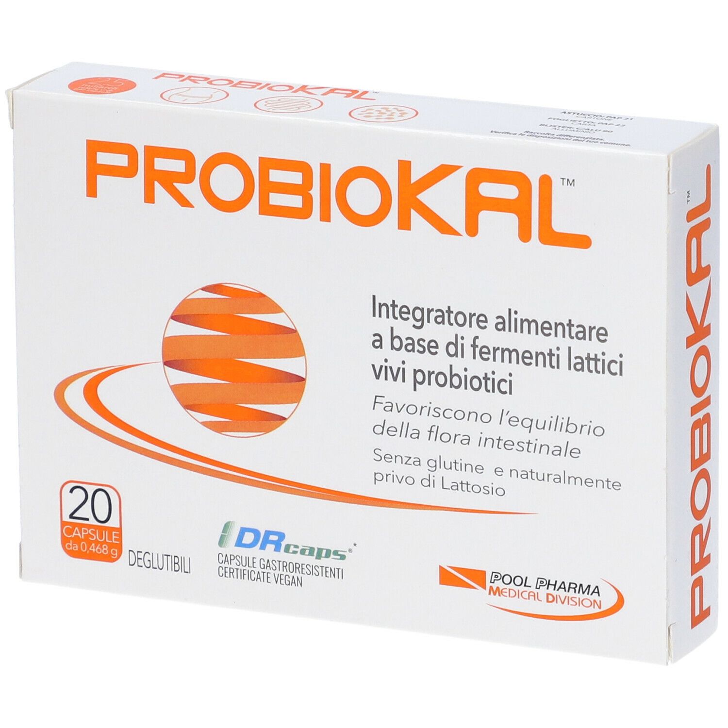 Scatola bianca con logo "PROBIOKAL" e informazioni sul prodotto. Contiene 20 capsule. Certificato vegano.