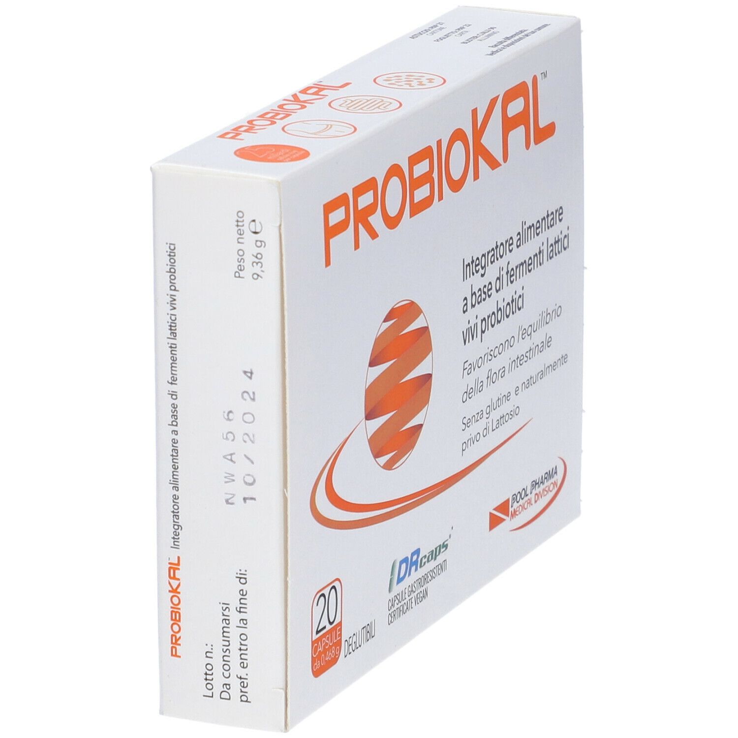 Scatola bianca con logo "PROBIOKAL". Contiene informazioni e data di scadenza. 20 capsule.