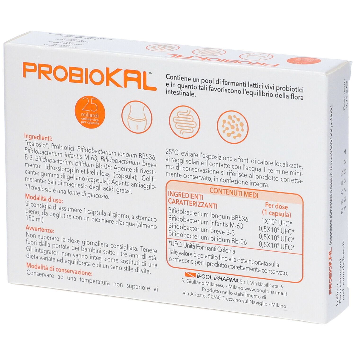 Retro della scatola "PROBIOKAL" con ingredienti, istruzioni e informazioni nutrizionali. Certificato vegano.