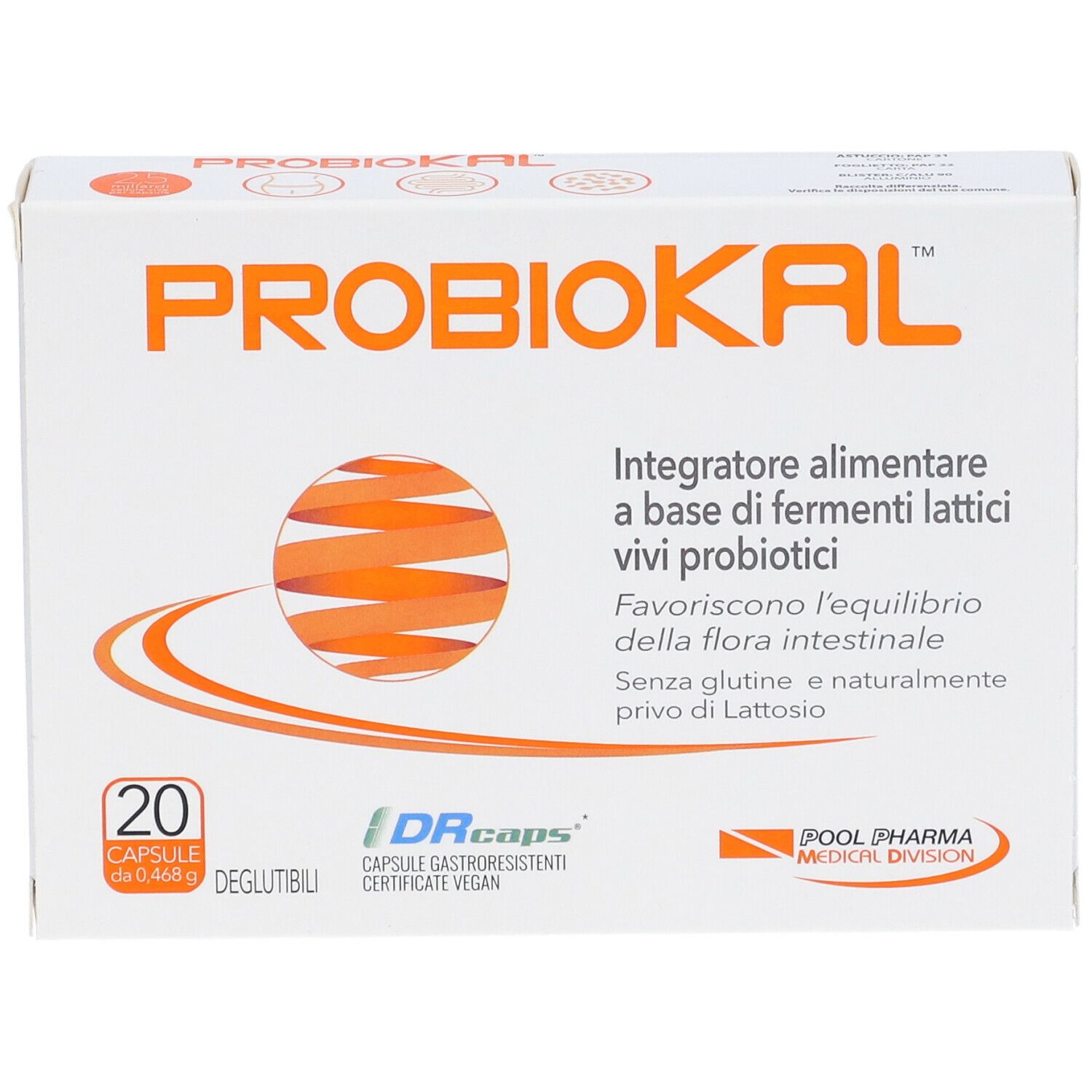 Scatola bianca con logo "PROBIOKAL" e informazioni sul prodotto. Contiene 20 capsule. Certificato vegano.