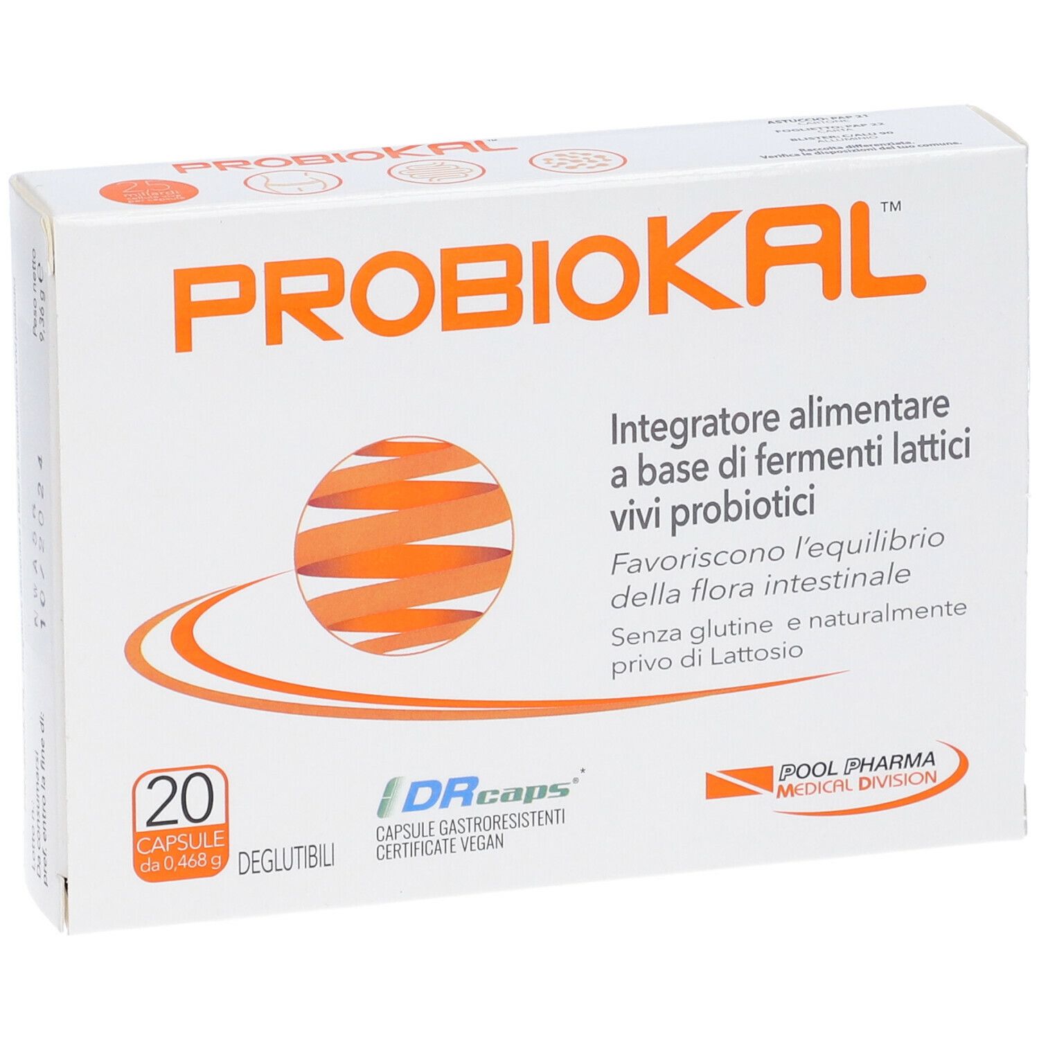 Scatola bianca con logo "PROBIOKAL" e informazioni sul prodotto. Contiene 20 capsule. Certificato vegano.
